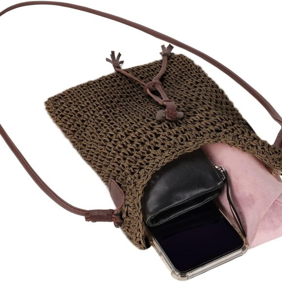 Womens Small Straw Crossbody Bag Handwoven Beach Shoulder Bag Handbag Purse with - Picture 3 of 6